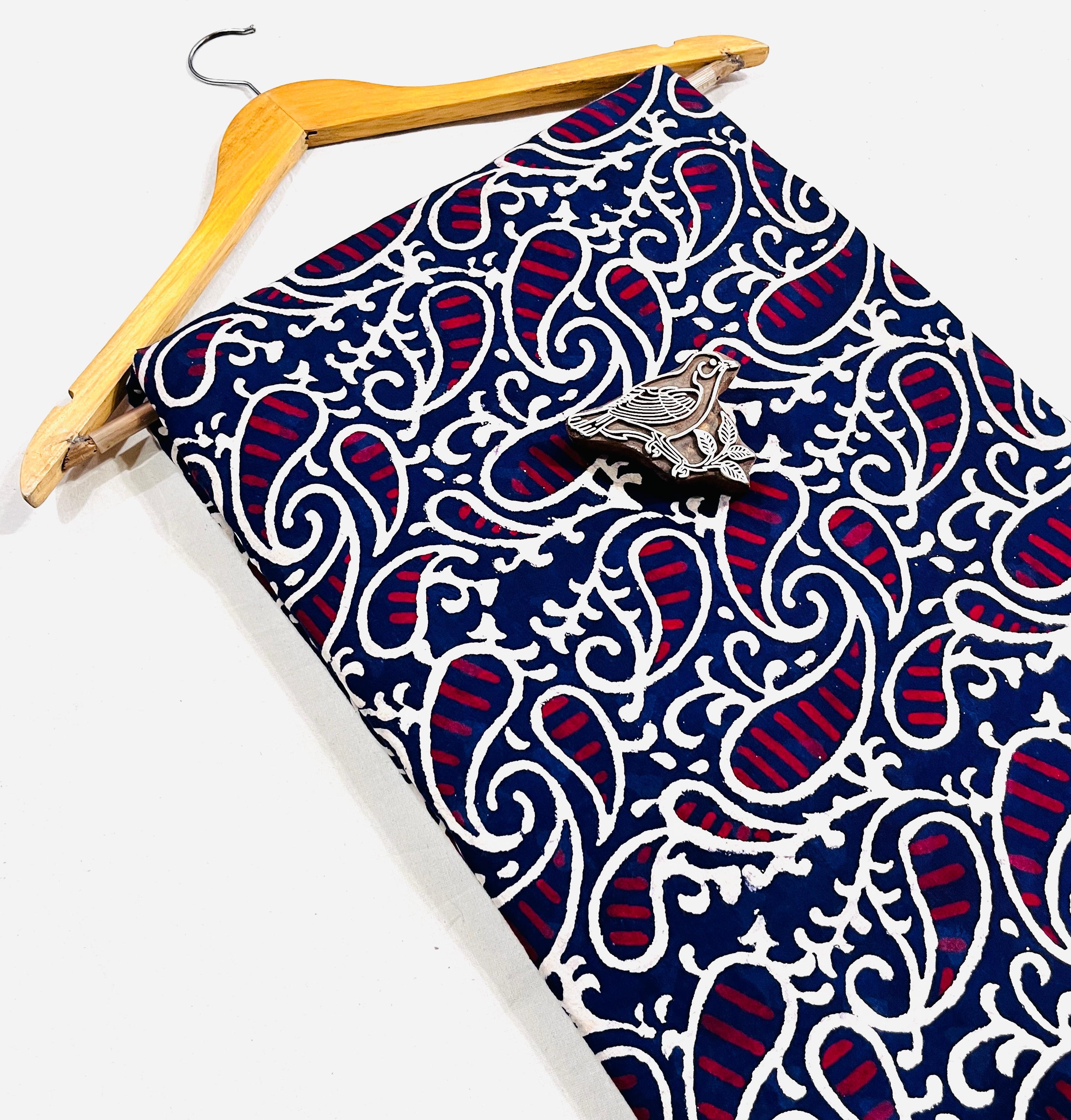 Blue paisley Dabu handblock printed pure cotton fabric, traditional mud resist design for bulk sourcing